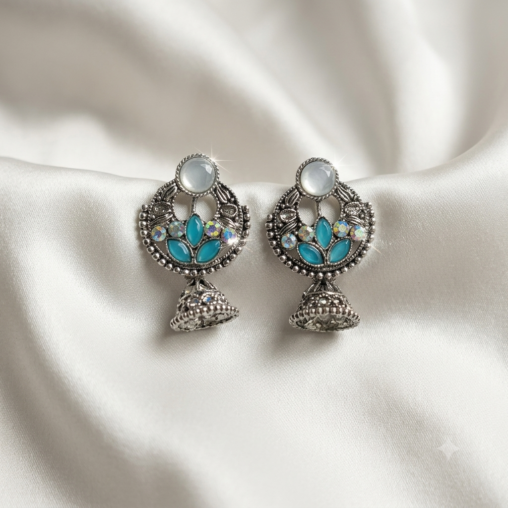 Oxidized Silver Lotus Turquoise Jhumka