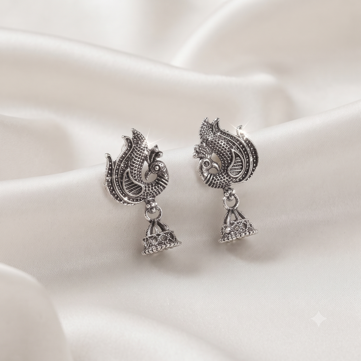 Oxidized Silver Peacock Motif Jhumka
