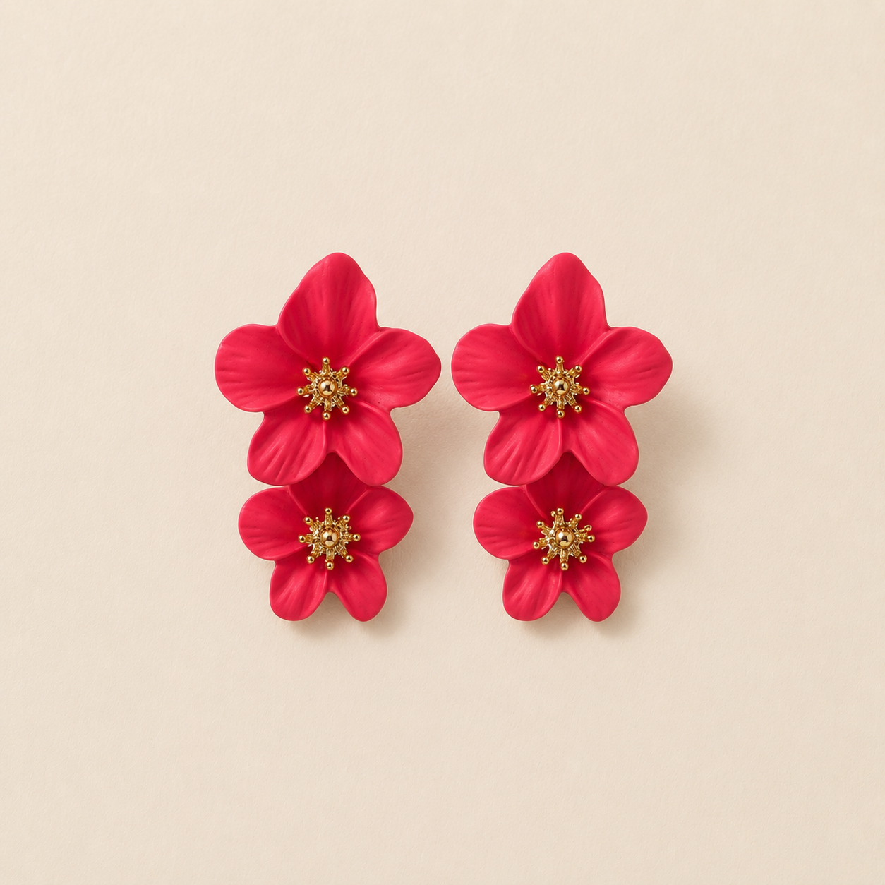 Double Layer Matte Crimson Flower Stud Earrings