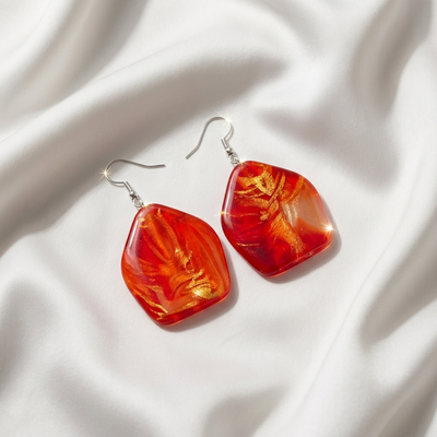 Crimson Red Marbled Resin Shield Dangle Earrings