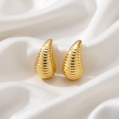 Minimalist Textured Ribbed Gold Teardrop Stud