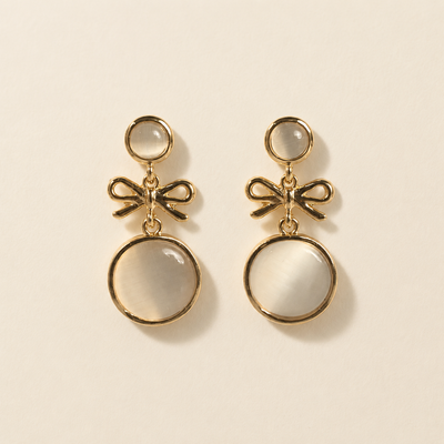 Gold Bow & Cat's Eye Round Tiered Drop Earrings