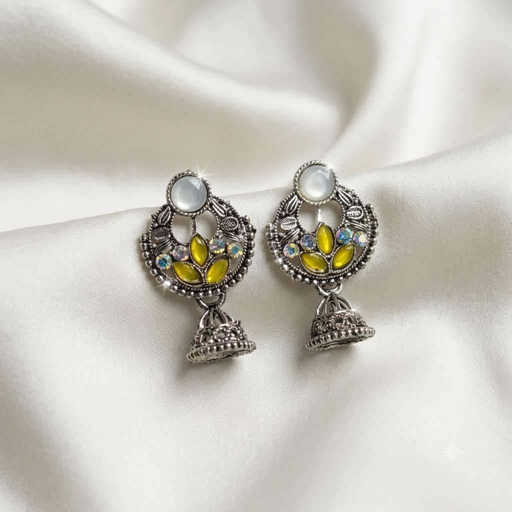 Oxidized Silver Lotus Olive Yellow Jhumka