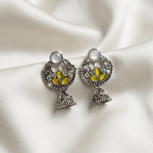 Oxidized Silver Lotus Olive Yellow Jhumka