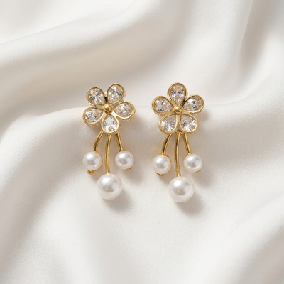 Gold Crystal Camellia & Floating Pearl Earrings