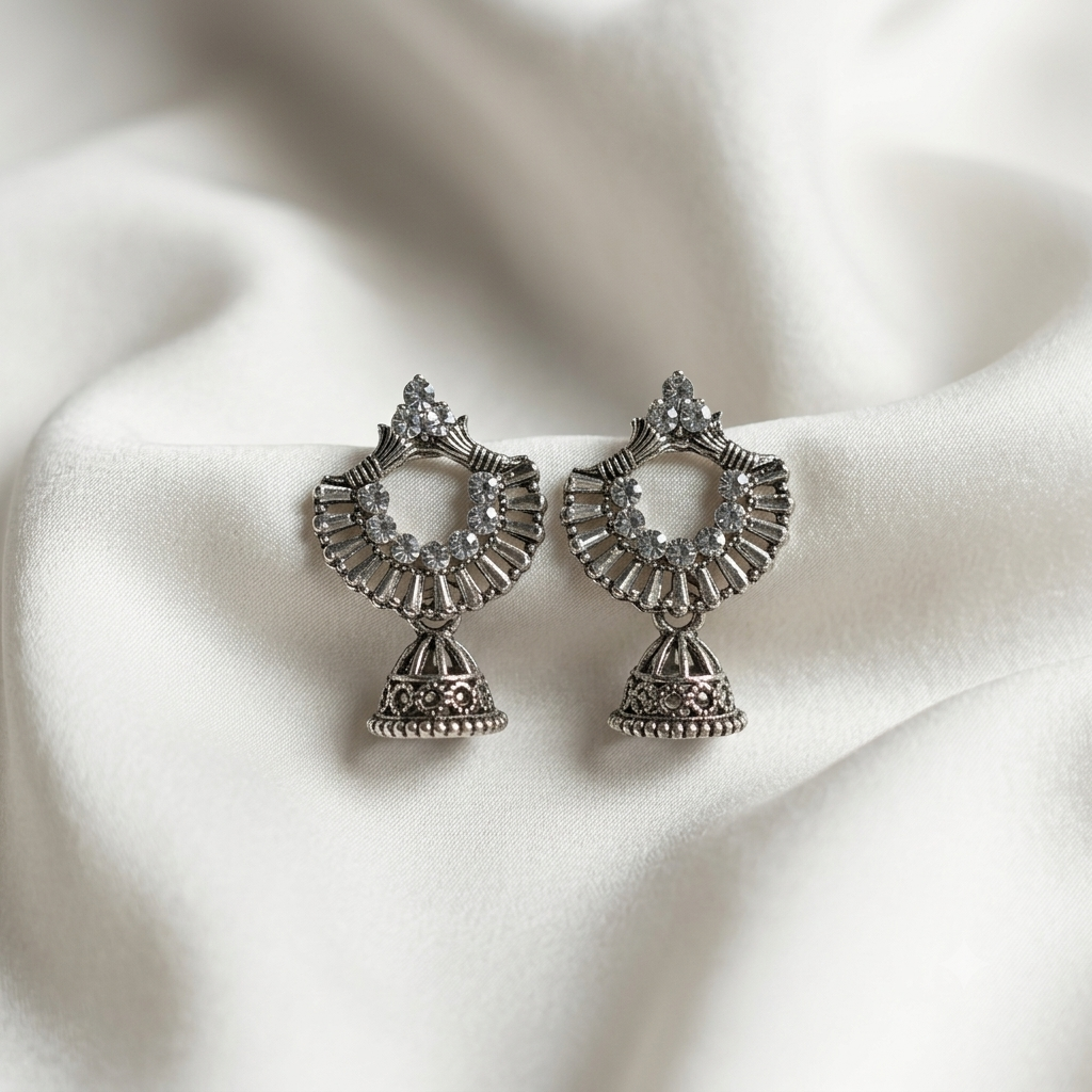 Oxidized Silver Crescent Fan Clear Crystal Jhumka