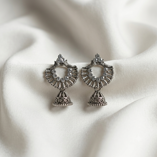 Oxidized Silver Crescent Fan Clear Crystal Jhumka