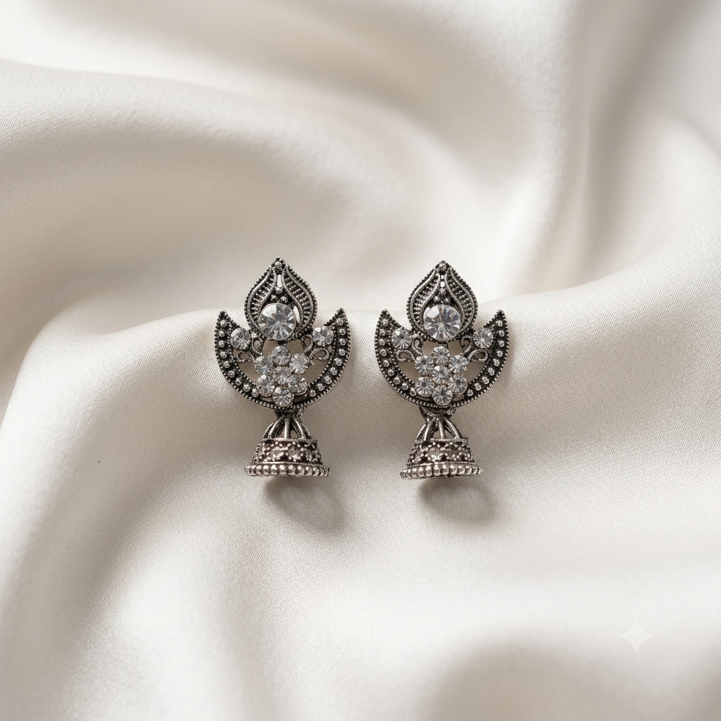 Oxidized Silver Marquise Floral Crest Jhumka