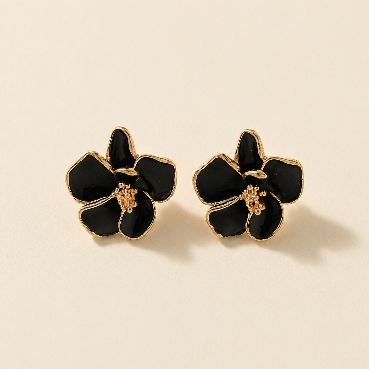 Glossy Black Enamel Camellia Flower Stud Earrings