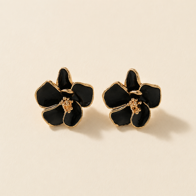 Glossy Black Enamel Camellia Flower Stud Earrings