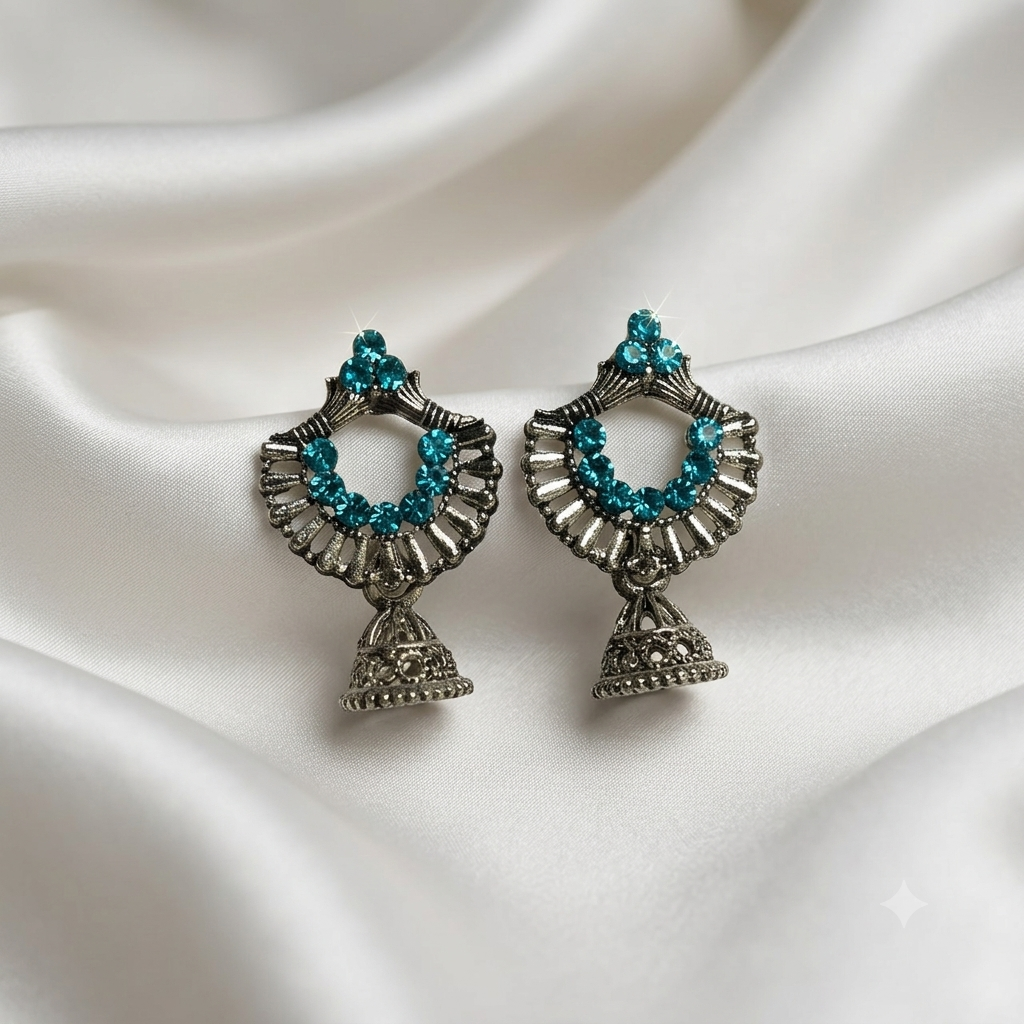 Oxidized Silver Crescent Fan Turquoise Jhumka