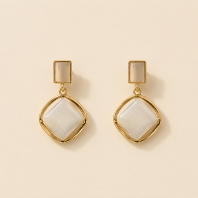 Gold Framed Cat's Eye Square Drop Earrings