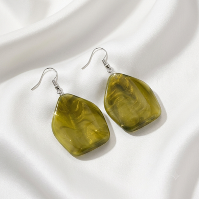 Olive Green Marbled Resin Shield Dangle Earrings