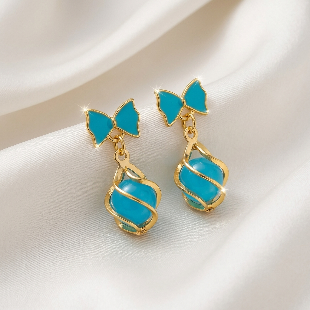 Blue Enamel Bow & Pearl Drop Earrings