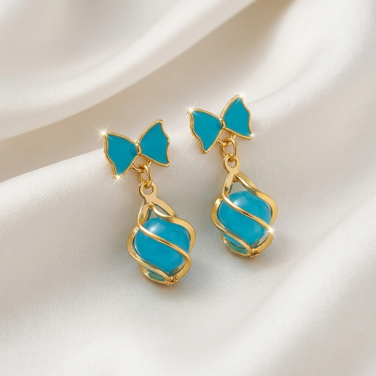 Blue Enamel Bow & Pearl Drop Earrings