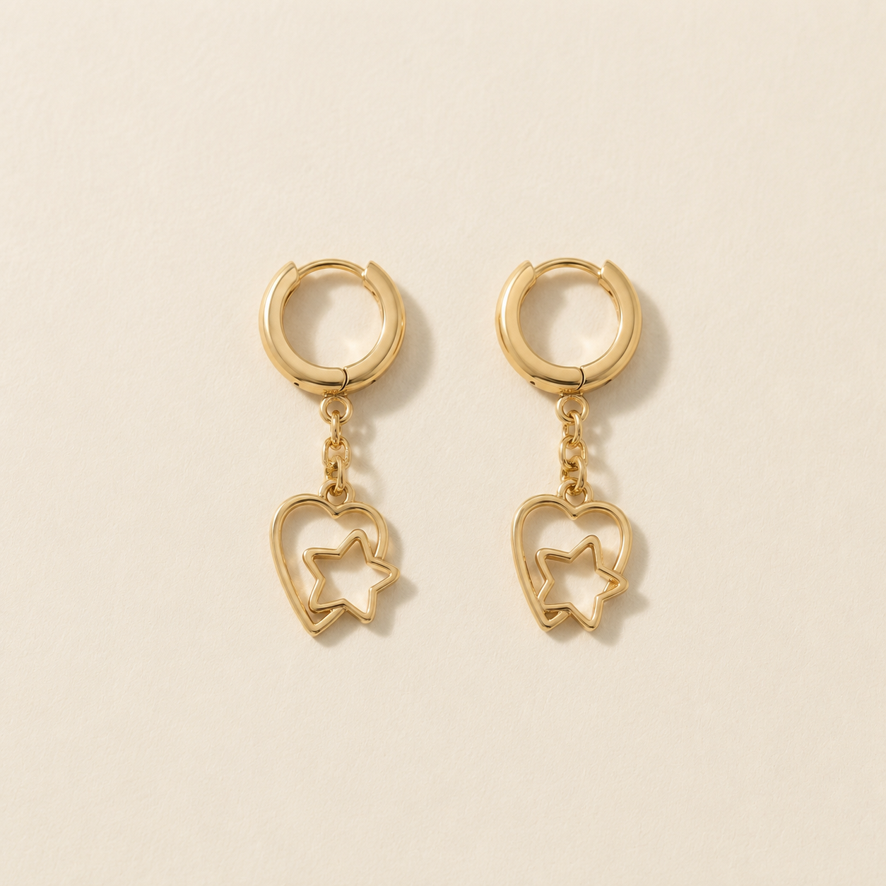 Gold Star-in-Heart Dangle Huggie Earrings