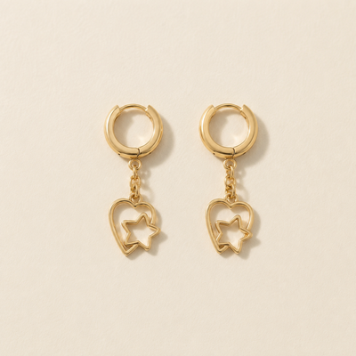 Gold Star-in-Heart Dangle Huggie Earrings