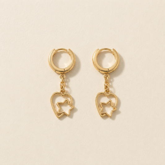 Gold Star-in-Heart Dangle Huggie Earrings