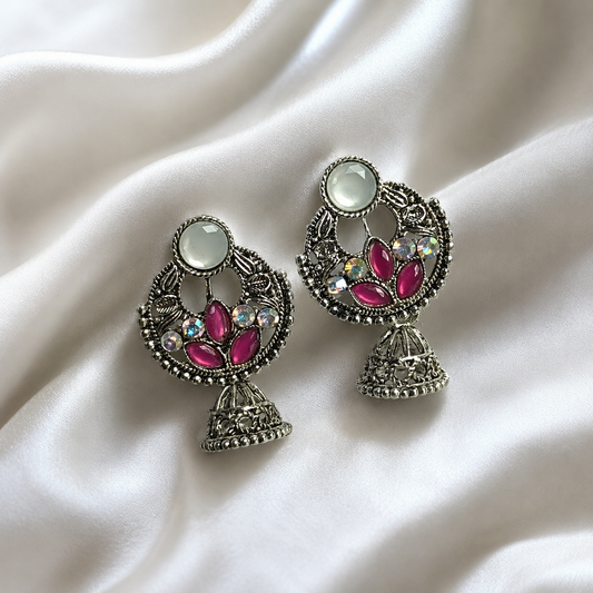 Oxidized Silver Lotus Fuchsia Jhumka Earrings
