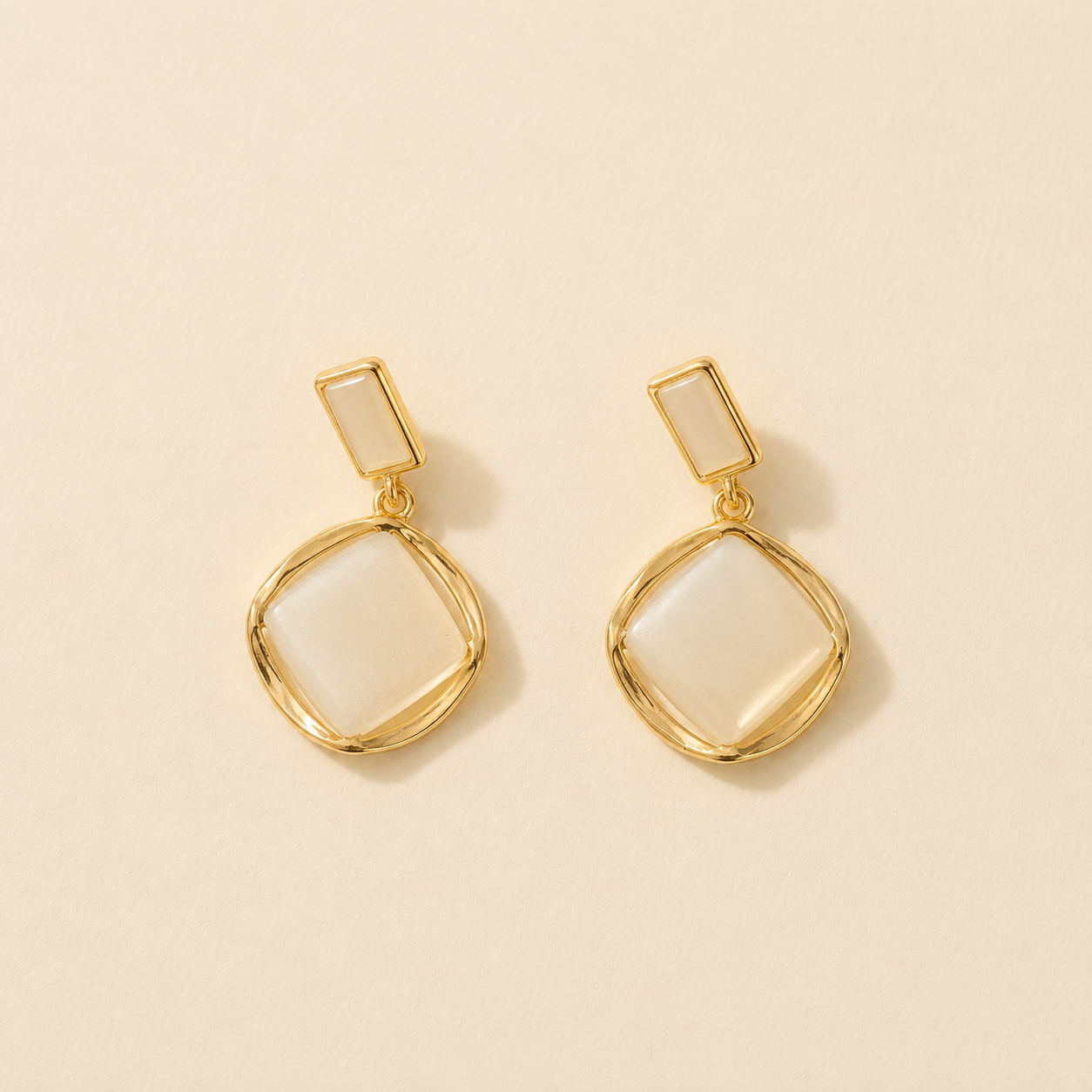Gold Framed Cushion-Cut Opaline Drop Earrings