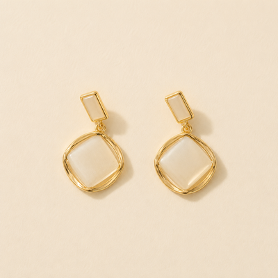 Gold Framed Cushion-Cut Opaline Drop Earrings