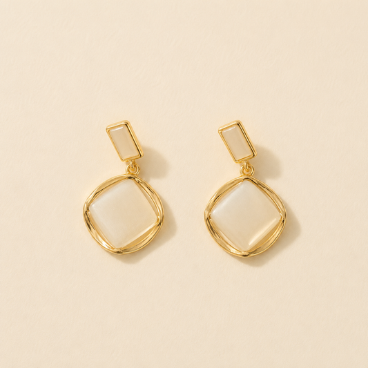Gold Framed Cushion-Cut Opaline Drop Earrings