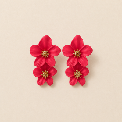Double Layer Matte Crimson Flower Stud Earrings