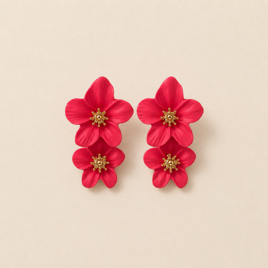 Double Layer Matte Crimson Flower Stud Earrings