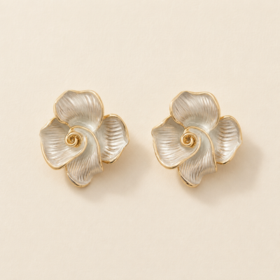 Textured White Enamel Rose Stud Earrings