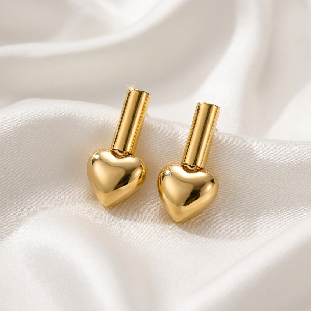 Puffed Gold Heart Drop Earrings