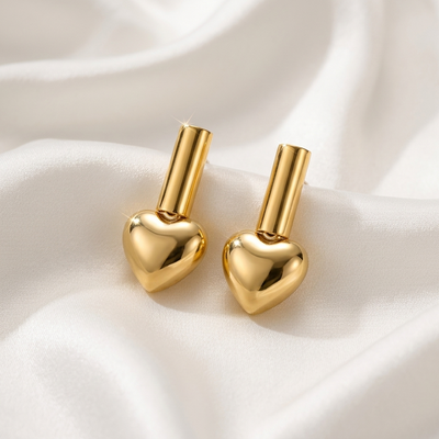 Puffed Gold Heart Drop Earrings