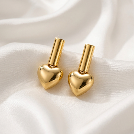 Puffed Gold Heart Drop Earrings
