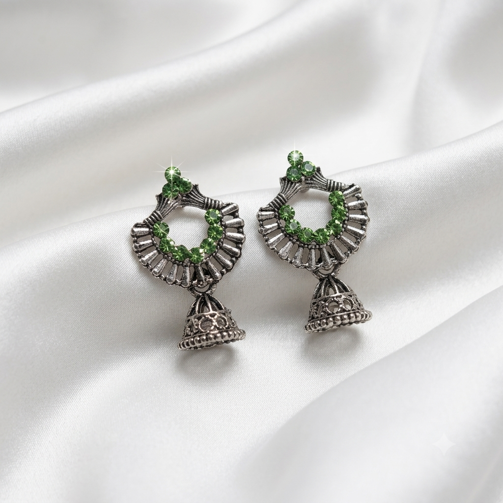 Oxidized Silver Crescent Fan Emerald Jhumka