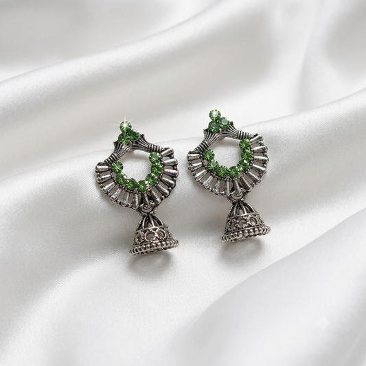 Oxidized Silver Crescent Fan Emerald Jhumka