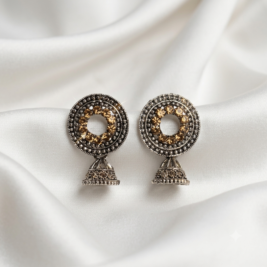 Oxidized Silver Circular Amber Crystal Jhumka