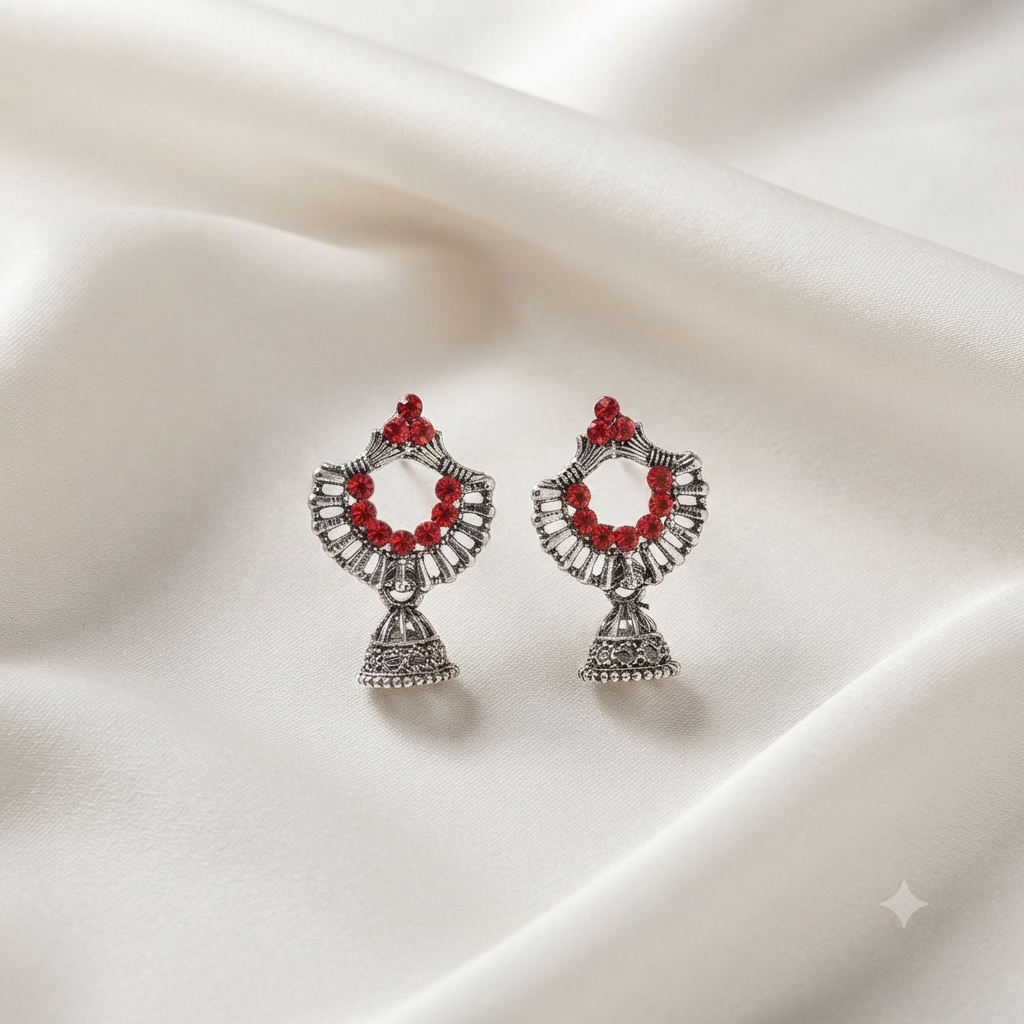 Oxidized Silver Crescent Fan Ruby Red Jhumka