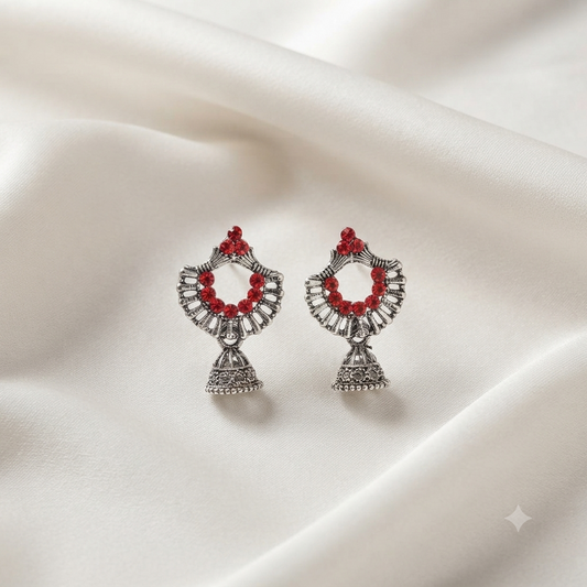 Oxidized Silver Crescent Fan Ruby Red Jhumka