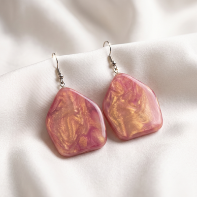Dusty Pink Marbled Resin Shield Dangle Earrings
